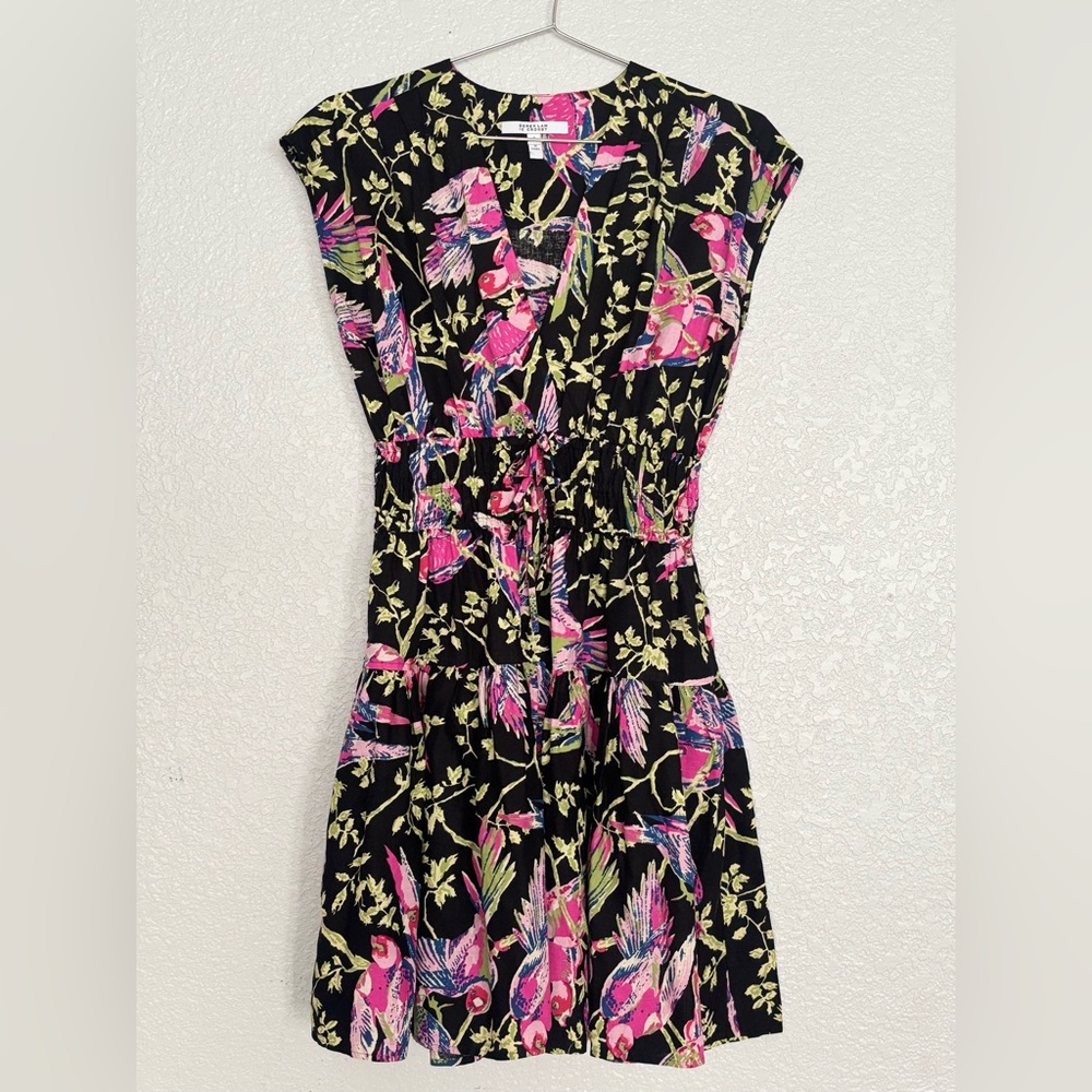 10 Crosby Derek Lam Black Dress with Pink and Green Bird Print